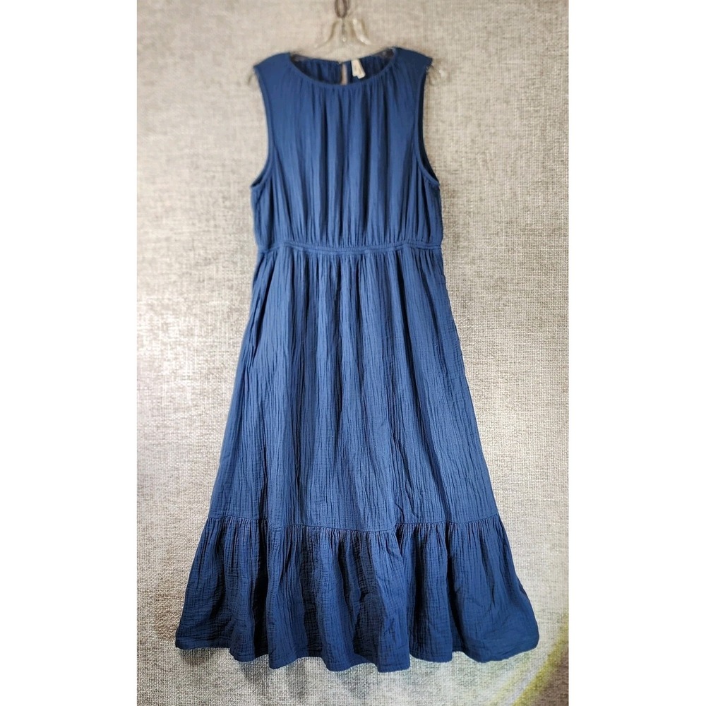 Pact Organic Cotton Double Gauze Tiered Midi Dress Womens XL Blue Sleeveless
